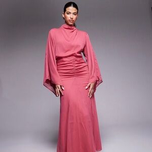 ASOS Design volume sleeve maxi dress with ruched skirt in deep rose